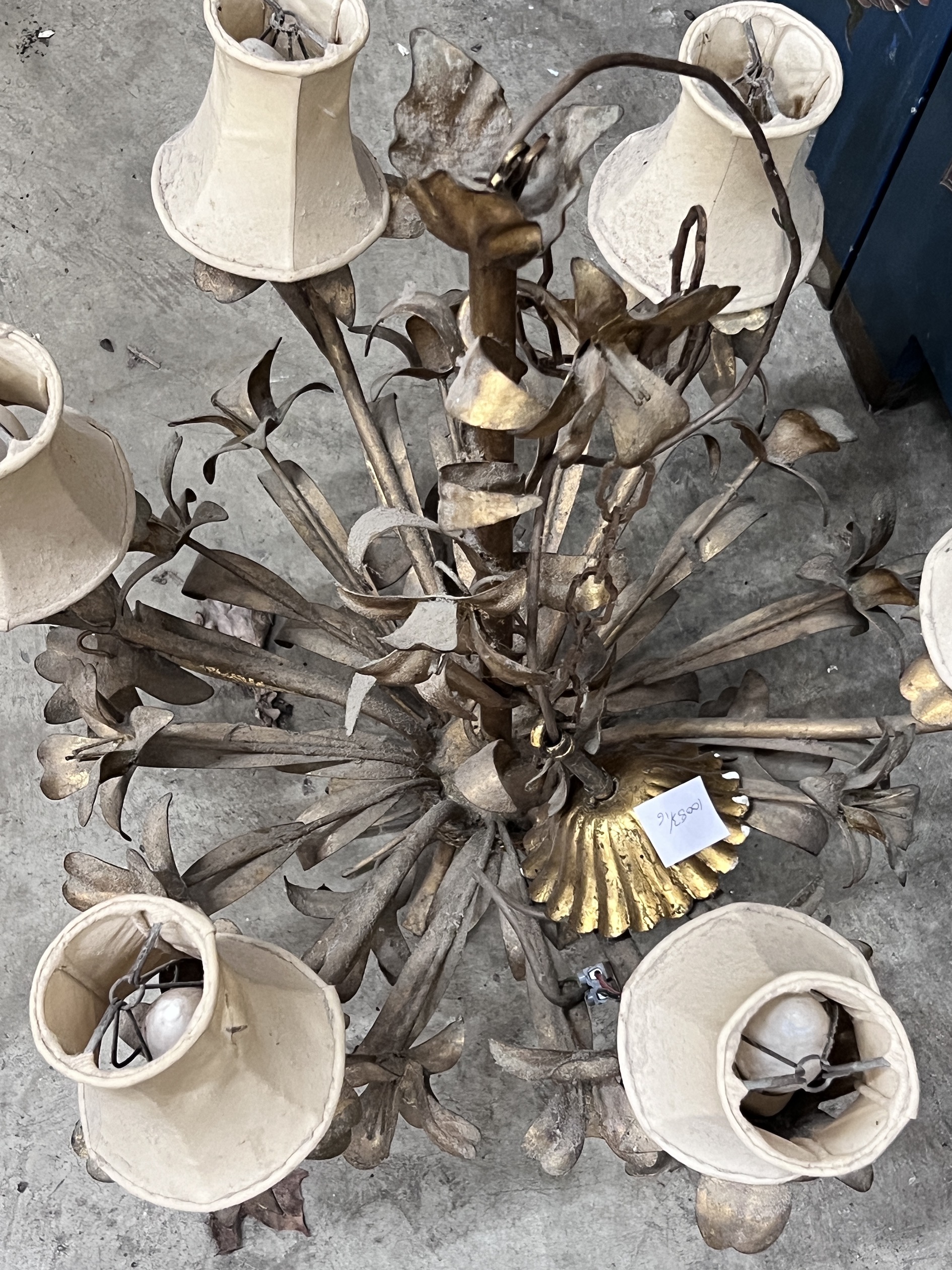 A gilt metal six branch ceiling light, height 66cm